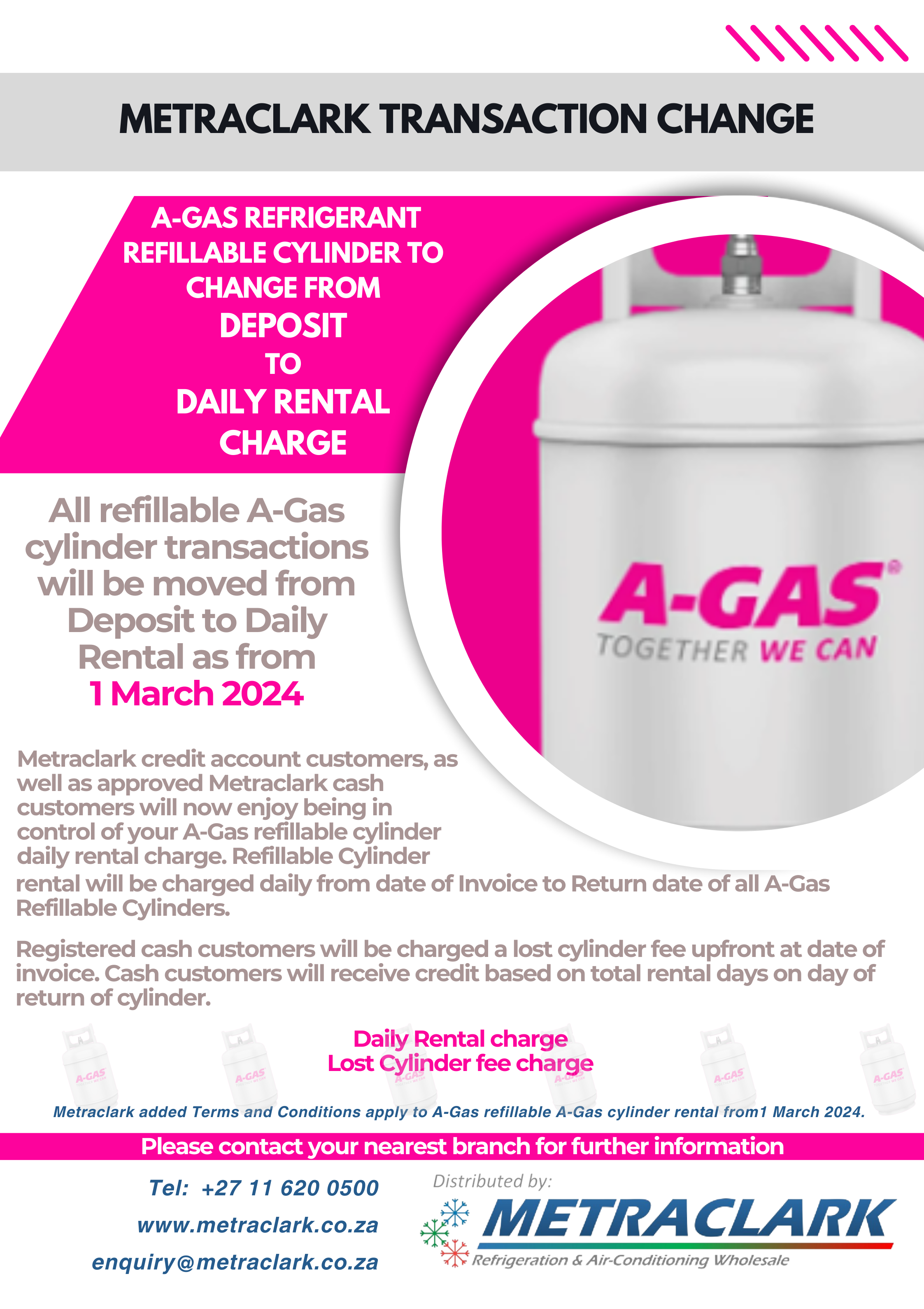 All refillable A-Gas cylinder transactions will be moved from Deposit to Daily Rental as from 1 March 2024.