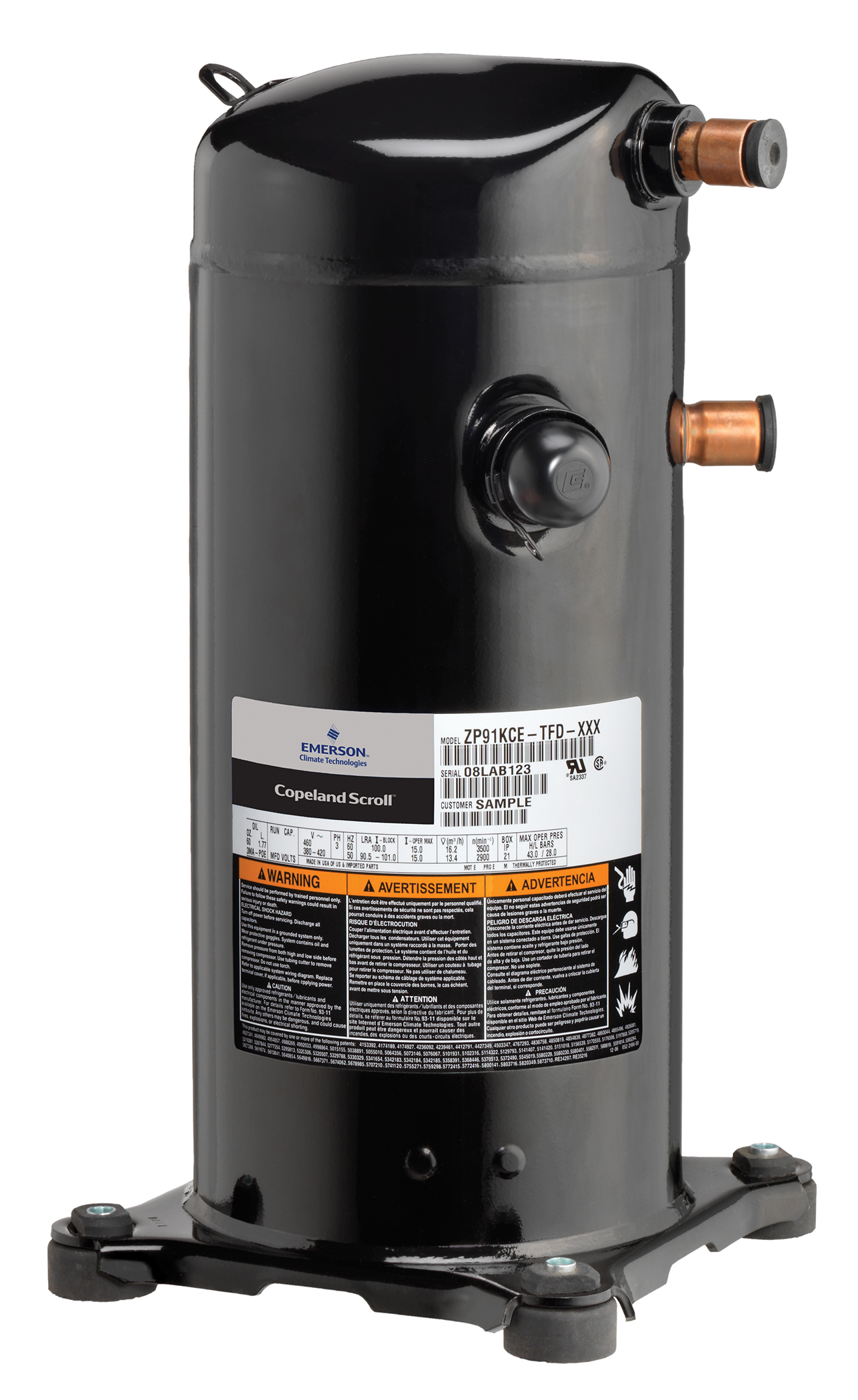 ZP57K3E-TFD-522 AC Compressor Scroll R410A 380V with Stub Tubes