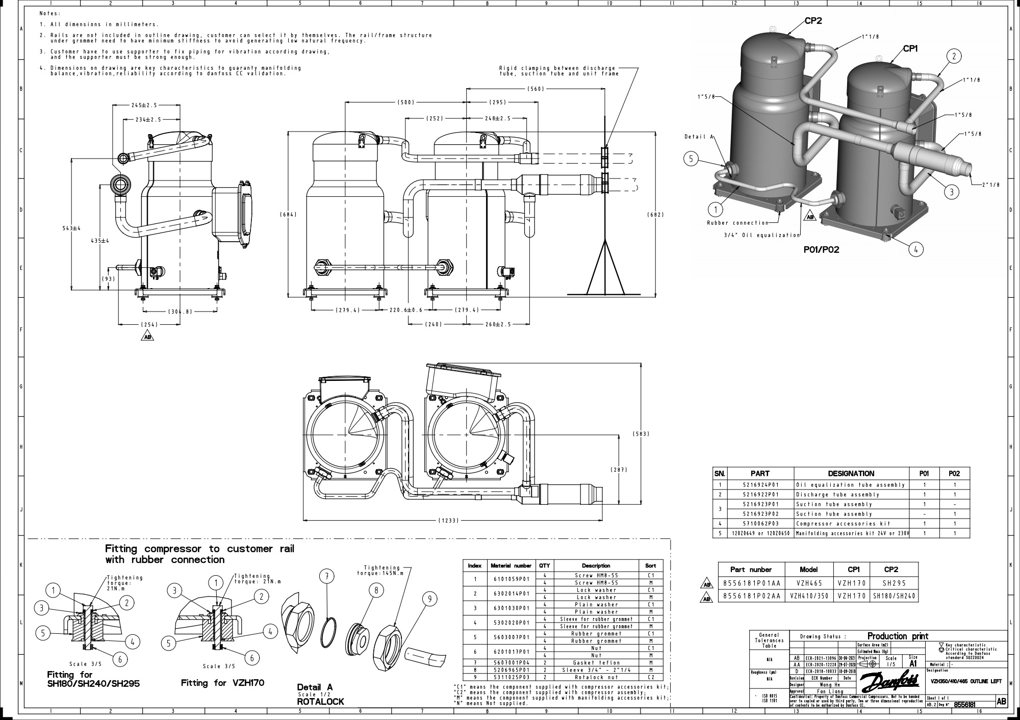 Compressor Scroll SH295A4ABE 380v POE Oil Stub Tube