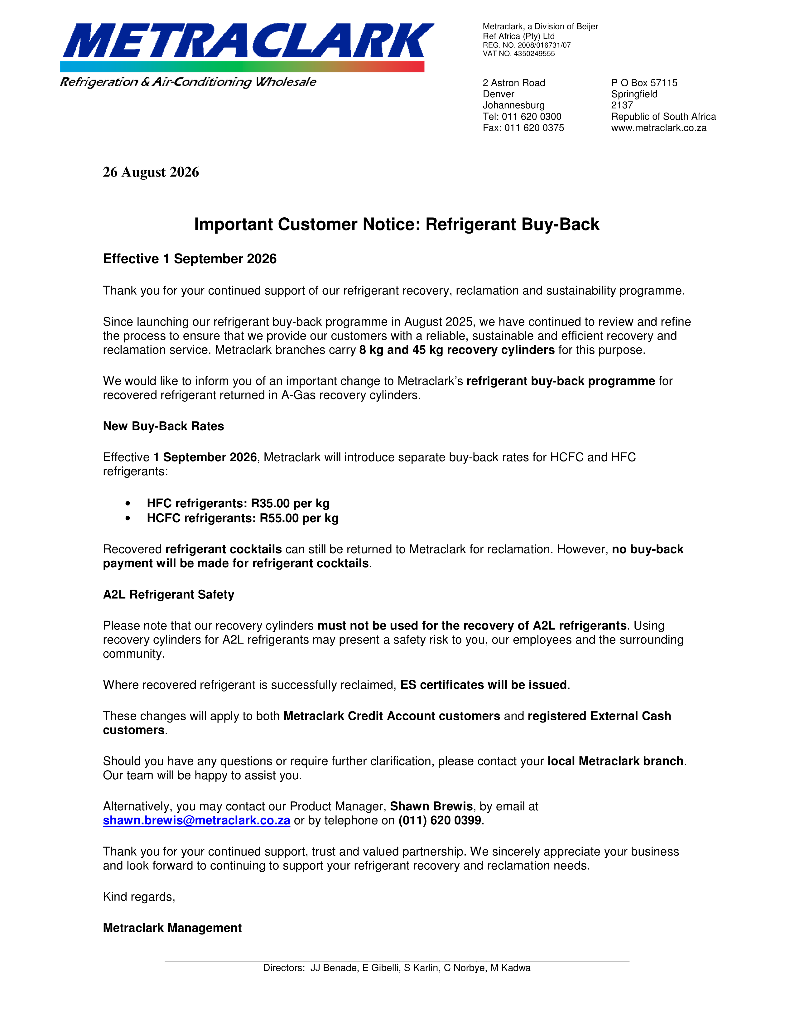 Metraclark Important Customer Notice: Refrigerant Buy-Back!