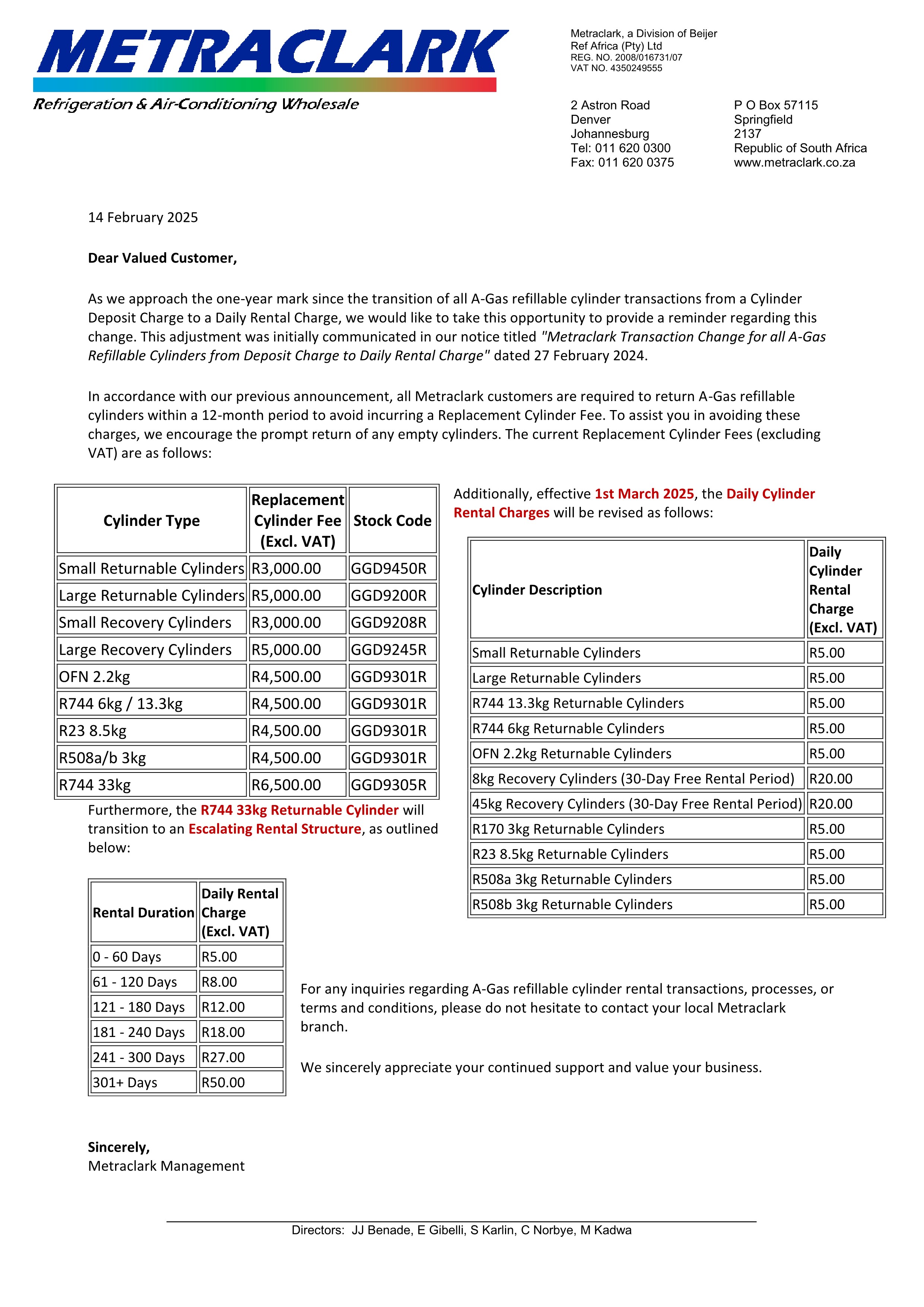 Metraclark Cylinder Rental Customer Letter