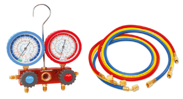 Orion Motor Tech AC Manifold Gauge Set – 4 Valve, R410a R22 R134a, 5ft Hoses, Brass/Aluminum
