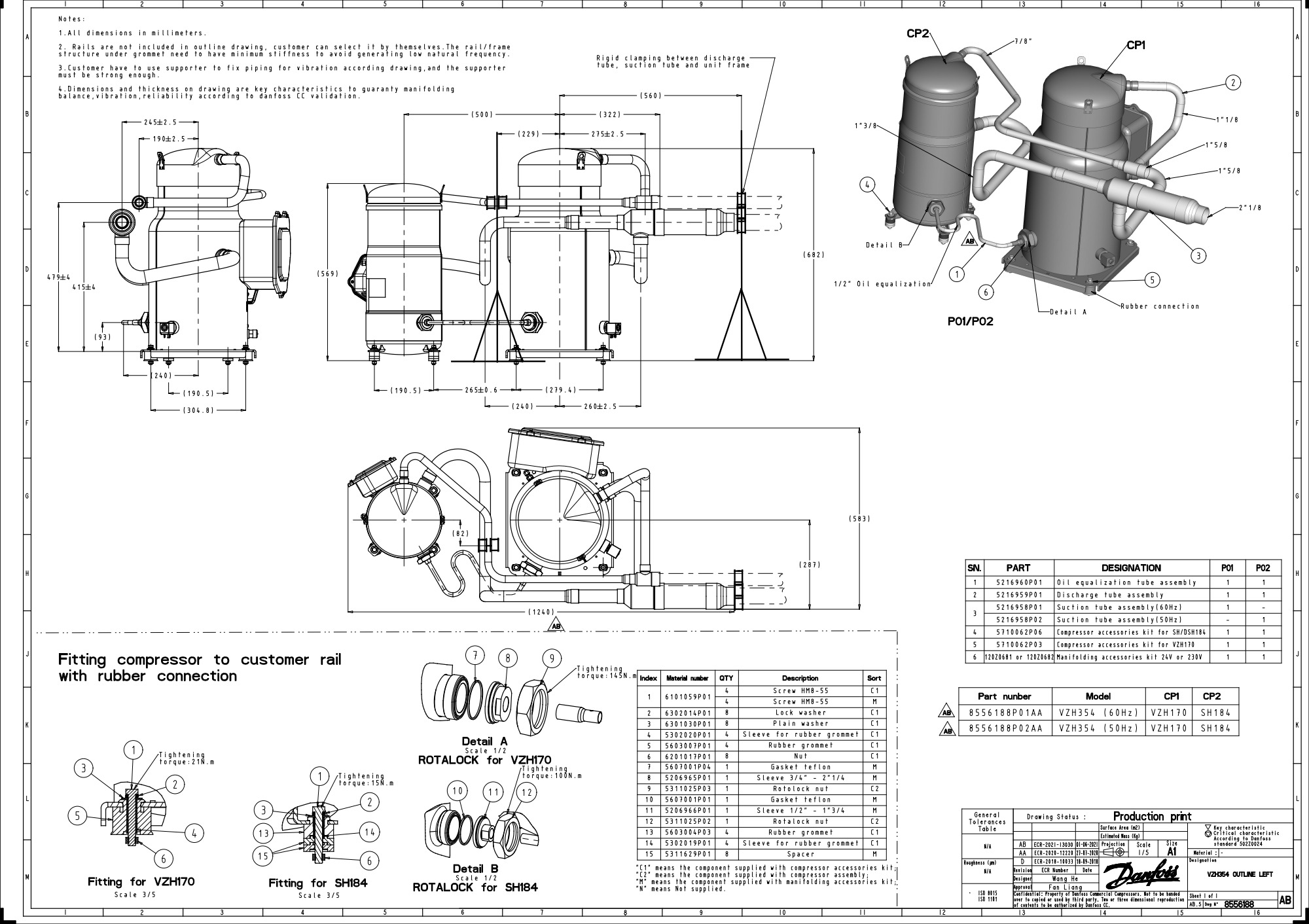 Compressor Scroll SH184A4AL 380v POE Oil Stub Tube